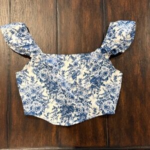 Floral Blue and White Crop Women's Top